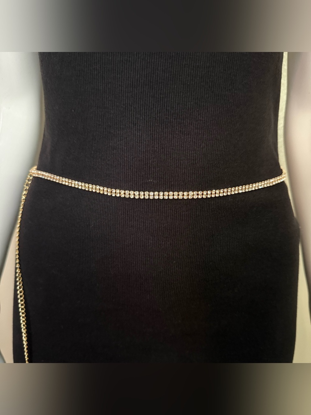 Gold tone metal skinny chain belt with rhinestone details